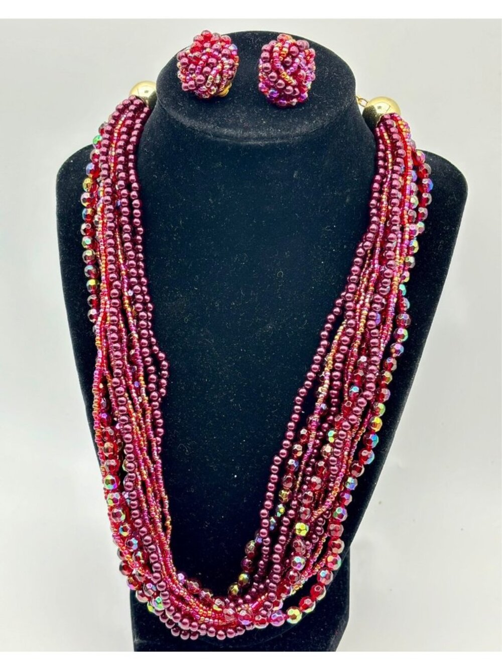 1950s Lucite Acrylic Multi-Strand Necklace Ensemble Faceted Wine Colored Beads